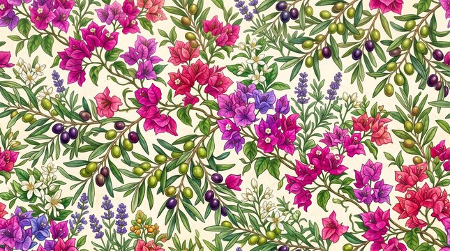 Greece pattern watercolor botanical floral olive branch with botanical watercolor bougainvillea mediterranean colorful