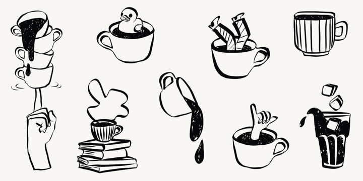 Whimsical cafe doodle set with coffee mugs. Retro hand drawn cup illustrations perfect for menu designs, shop posters and vintage brunch graphics. Vintage vector illustration