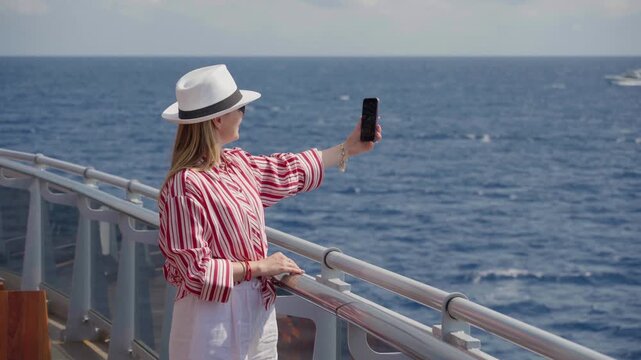 Girl enjoys cruise somewhere in ocean as she stands on ship deck taking selfies with smartphone. Woman in striped blouse and white hat captures memories against vast blue sea backdrop.