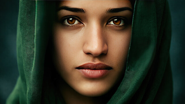Woman with green headscarf in close-up portrait