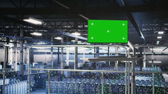 An industrial workstation displays deep learning code on a green screen monitor in a data center; a server hub PC runs AI models on a chroma key display.