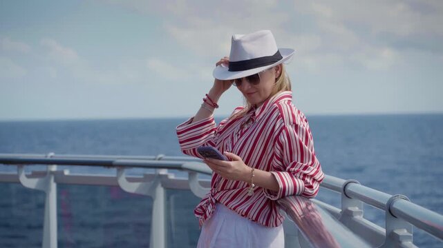 Girl enjoys cruise somewhere in ocean as she browses smartphone on ship deck. Stylish woman in white hat and striped blouse leans against railing with blue sea and cloudy sky backdrop.