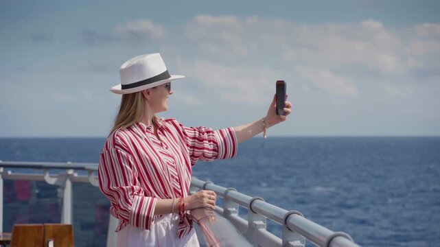 Girl enjoys cruise somewhere in ocean as she takes selfie photos on ship deck. Stylish woman in striped blouse and white hat captures memories with smartphone against endless blue sea and cloudy sky.