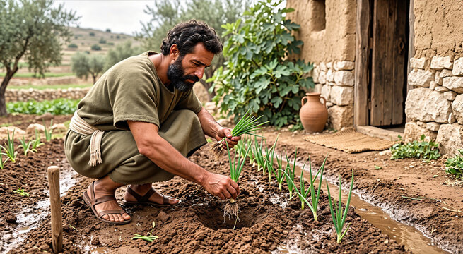Judean farmer in ancient tunic transplanting green onion seedlings into moist irrigated clay soil. Biblical agriculture scene with a traditional stone house, clay jar and fig tree in background