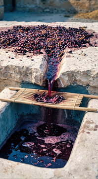 Dark red grape juice flowing through a carved limestone channel and a reed strainer into a stone vat. Traditional winepress operation in an ancient biblical farming setting