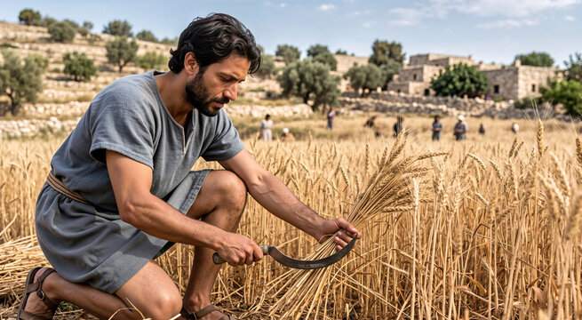 Galilean reaper cutting golden wheat stalks with a curved iron sickle in a sunny field with terraced hills and stone buildings. Ancient agricultural harvest and biblical farming reenactment