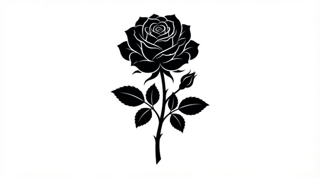 Vectors Black rose silhouette vector, elegant floral blossom with stem and leaves, gothic rose flower illustration for tattoo design and wedding decor isolated PNG with Transparent Background EPS