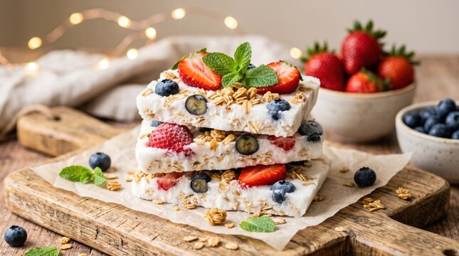 Refreshing frozen Greek yogurt bark, adorned with vibrant fresh strawberries, blueberries, and golden granola, sits on a wooden board. 