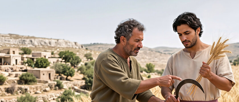 Two biblical farmers in ancient tunics standing in a golden wheat field, with one man pointing at a curved iron sickle held by the other. Historical agriculture scene with stone village background