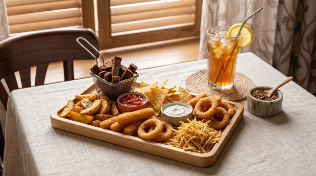 A diverse snack board presents fried appetizers: seasoned potato wedges, crispy onion rings, tortilla chips, and savory bread croutons. With creamy and salsa dips, plus refreshing iced tea,