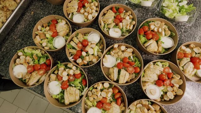 Multiple bowls of fresh salad with chicken, cherry tomatoes, and croutons arranged on a granite countertop in a well-lit kitchen setting, showcasing vibrant colors and textures