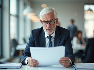 Fototapeta premium Senior businessman in glasses intently reading documents at his office desk