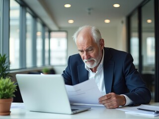 Fototapeta premium Experienced businessman reviewing documents at his desk with a laptop
