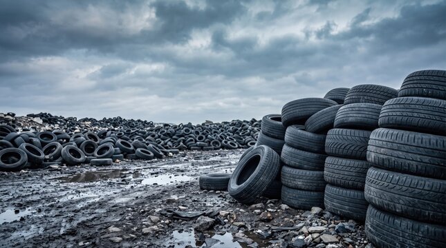 Hundreds of discarded vehicle tires are piled high at an industrial waste dump highlighting significant environmental pollution and the global challenge of rubber recycling 