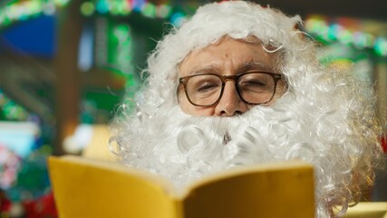 Fototapeta premium A man dressed as Santa Claus reads a book to children at a charity event, narrating a holiday story that creates a sense of magic and wonder for the young audience during Christmas.
