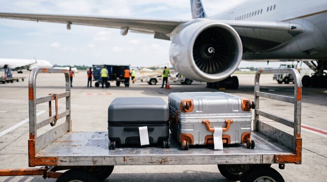 Modern suitcases are ready for loading on a cart at an airport tarmac, with a large commercial aircraft and ground crew managing preparations. 