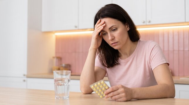 A young woman experiencing a severe headache or illness is seen in her kitchen, holding a blister pack of pills and a glass of water. 