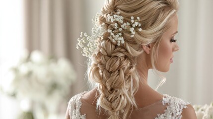 Fototapeta premium Elegant bridal hairstyle blonde braids with babys breath flowers and a lace wedding dress