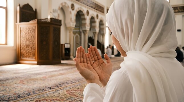 Muslim Woman In White Hijab Praying With Raised Open Hands Inside Mosque