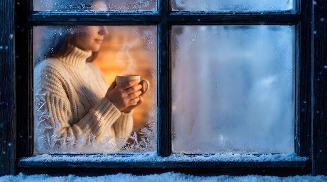 Woman enjoying warm hot drink near frosty window on cold winter evening at home