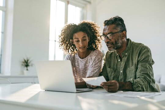 A mature man and a young woman sitting at a table and looking at a laptop computer together