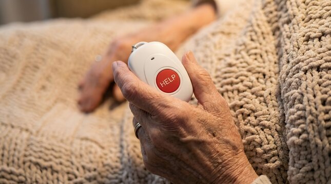 Elderly Woman Hand Holding Wireless Medical Emergency Panic Button Device In Bed