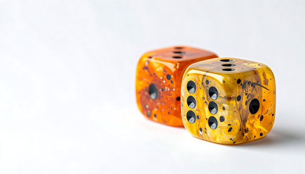 Two colorful marbled dice with black spots and pips, close-up studio shot on a white background representing chance