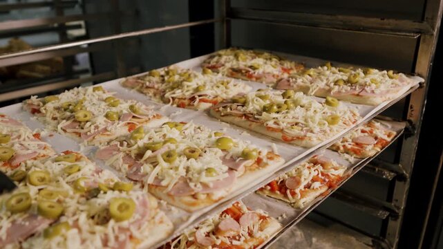 Freshly prepared pizzas with toppings of cheese, ham, and olives placed on baking trays inside an industrial oven ready for baking in a commercial kitchen