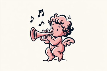 Fototapeta premium Cute cupid angel character playing a trumpet, whimsical cartoon illustration of a cherub with wings, musical notes floating in the air, isolated on white background