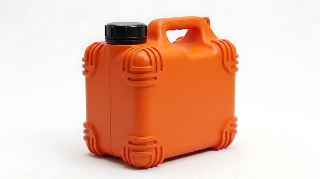 A bright orange plastic jerrycan container with a black screw cap for storing fuel or liquid chemicals isolated for industrial and storage use. heavy-duty jug designs
