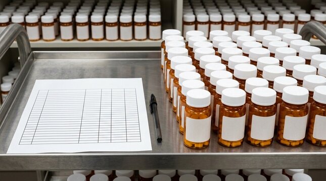 Inventory count sheet resting on a cart beside rows of labeled medication stock close-crop detail shot