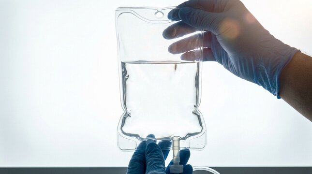 Final inspection of a sterile IV bag held up against a light panel for clarity check close-crop detail shot