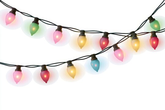 Colorful string of christmas lights with glowing bulbs isolated on white background