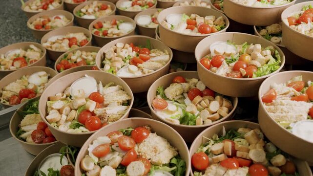 Freshly prepared salad bowls stacked in a kitchen, featuring greens, cherry tomatoes, croutons, and sliced eggs, ready for serving in a catering setting
