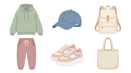 Naklejka premium Collection of casual comfortable streetwear and accessories