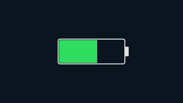 Battery charging animation digital energy level progress bar filling up, smartphone power status indicator on dark 4k background