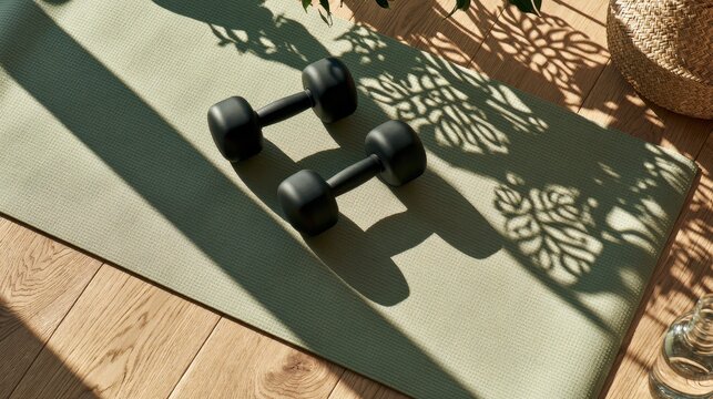 Two black dumbbells on a green yoga mat with plant shadows on a wooden floor