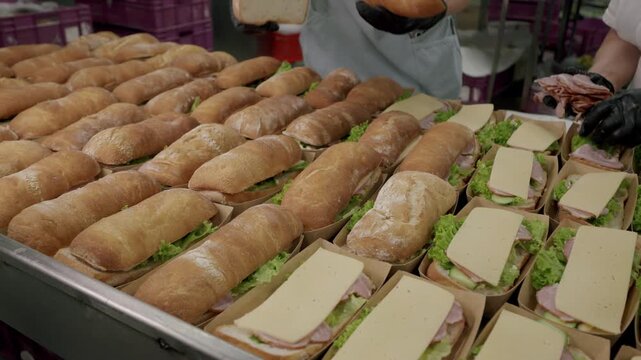 Freshly prepared sandwiches with lettuce and cheese arranged in trays, showcasing a variety of bread types in a commercial kitchen setting
