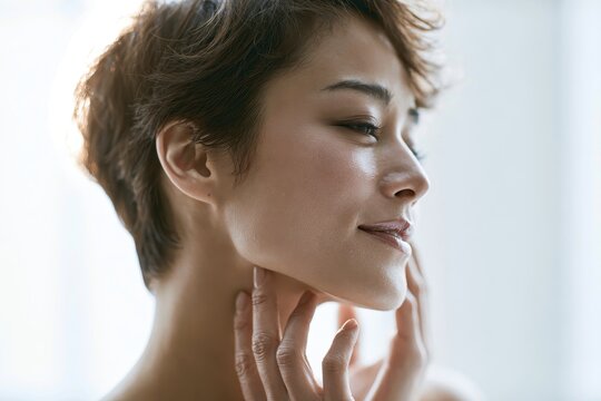 Side view portrait of a woman with short hair gently touching her jawline, highlighting clear skin and natural beauty