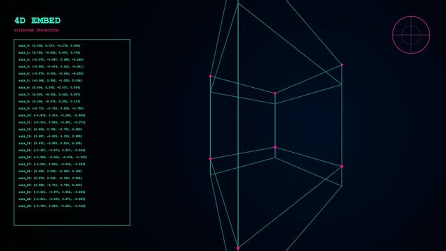 A rotating vector embedding model illustrates three dimensional geometric structures moving across a digital interface with neon lines and streaming numeric code data in a dark environment