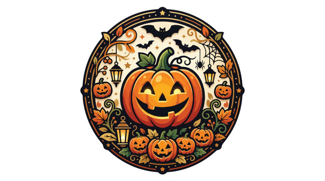 ircular badge features a large, smiling jack-o'-lantern surrounded by smaller pumpkins, flying bats, glowing lanterns, and autumn foliage inside a decorative border against a white background
