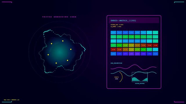 Digital displays showing vector embedding data processing with animated glowing node patterns and fluctuating matrix grids observed in a continuous dark monitor screen visual flow