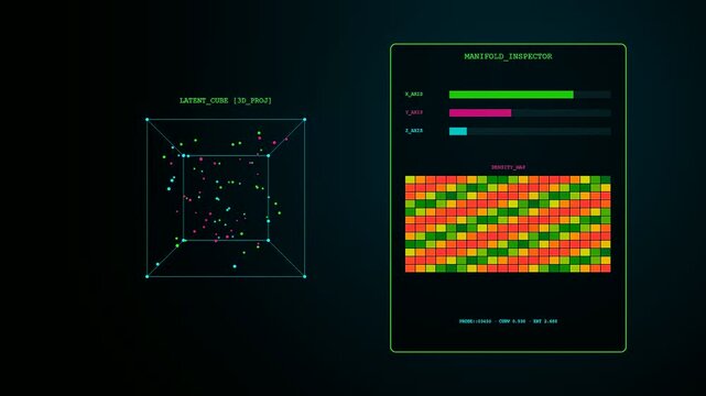 A digital vector embedding interface displays shifting multidimensional data clusters inside a geometric wireframe cage as abstract particle patterns evolve across the dark screen monitor display