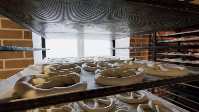 Freshly shaped pretzel dough resting on parchment paper inside a bakery rack, with multiple layers of dough visible and natural light illuminating the scene