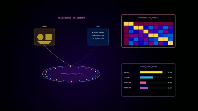 A digital vector embedding interface displays a contrastive matrix calculation showing cross modal scores within a dark virtual environment focused on data relationship network analysis