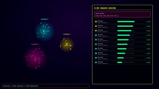 A digital vector embedding interface displays shifting clusters of data points with dynamic sidebar search results showing calculated probability scores against a dark glowing purple environment