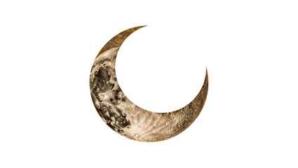 Isolated shimmering golden crescent moon with artistic celestial texture and starry surface © Ciara