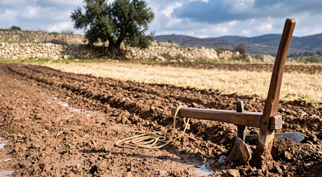 Ancient wooden ard plow resting in wet clay furrows of a dark ploughed field. Traditional biblical agriculture scene with an olive tree, stone wall and distant hills under a cloudy sky