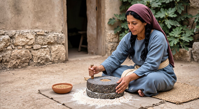 Galilean woman in traditional biblical attire grinding grain with a basalt rotary millstone in a stone courtyard. Ancient method of making pale flour with a hand quern on a woven mat