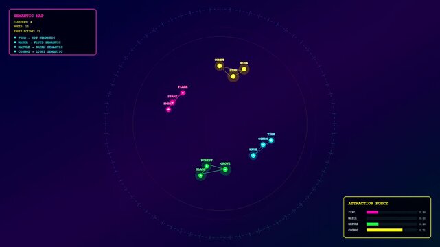 A vector embedding visualization displays shifting data node clusters in three consecutive digital frames with glowing neon symbols arranged on a dark purple starry grid